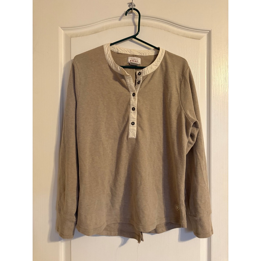 Ariat Womens Tan Ribbed Henley Long Sleeve Top Contrast Collar XL Western Preppy